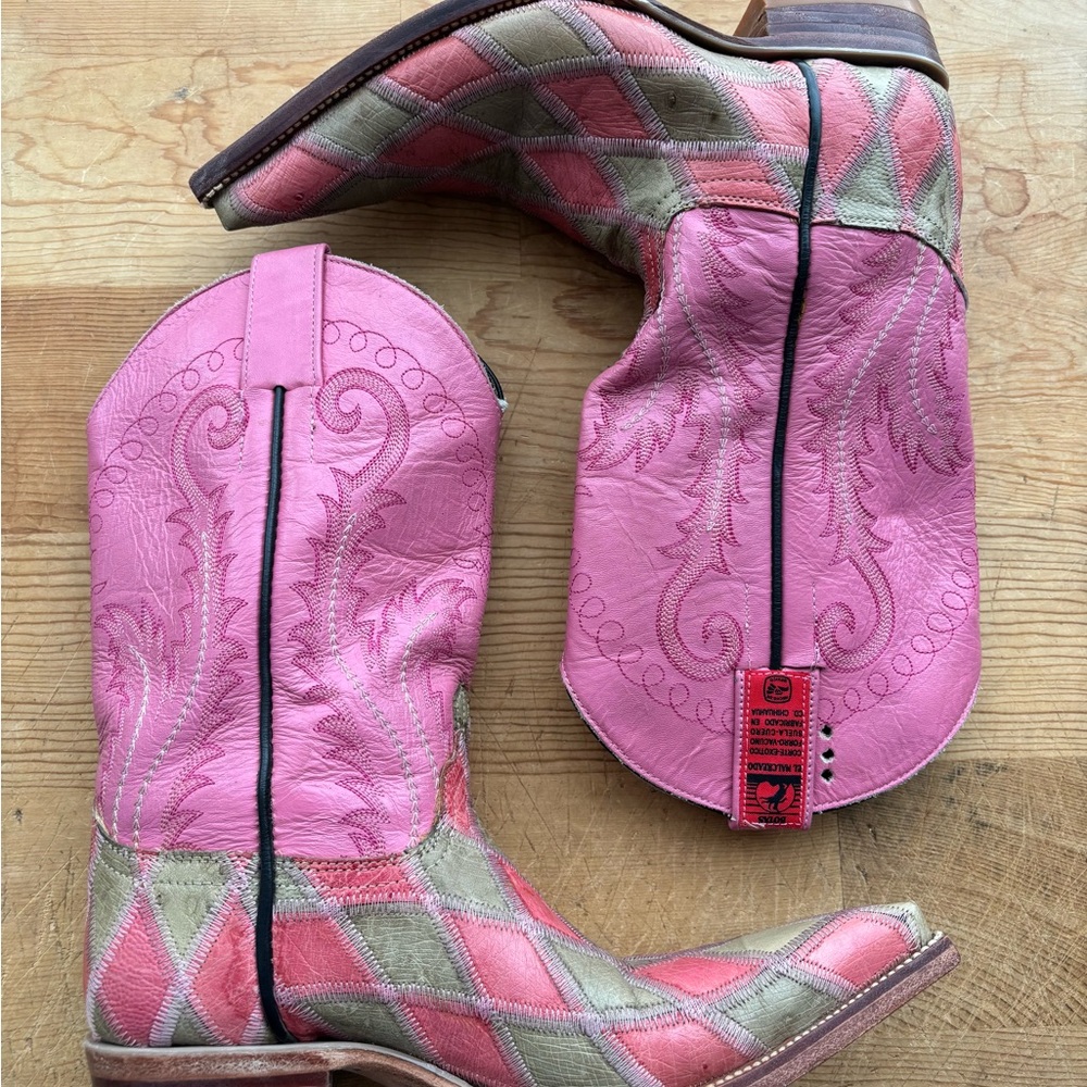 Pink plaid cowboy cowgirl boots Authentic Mexican pointy toe boots 7.5/8 READ